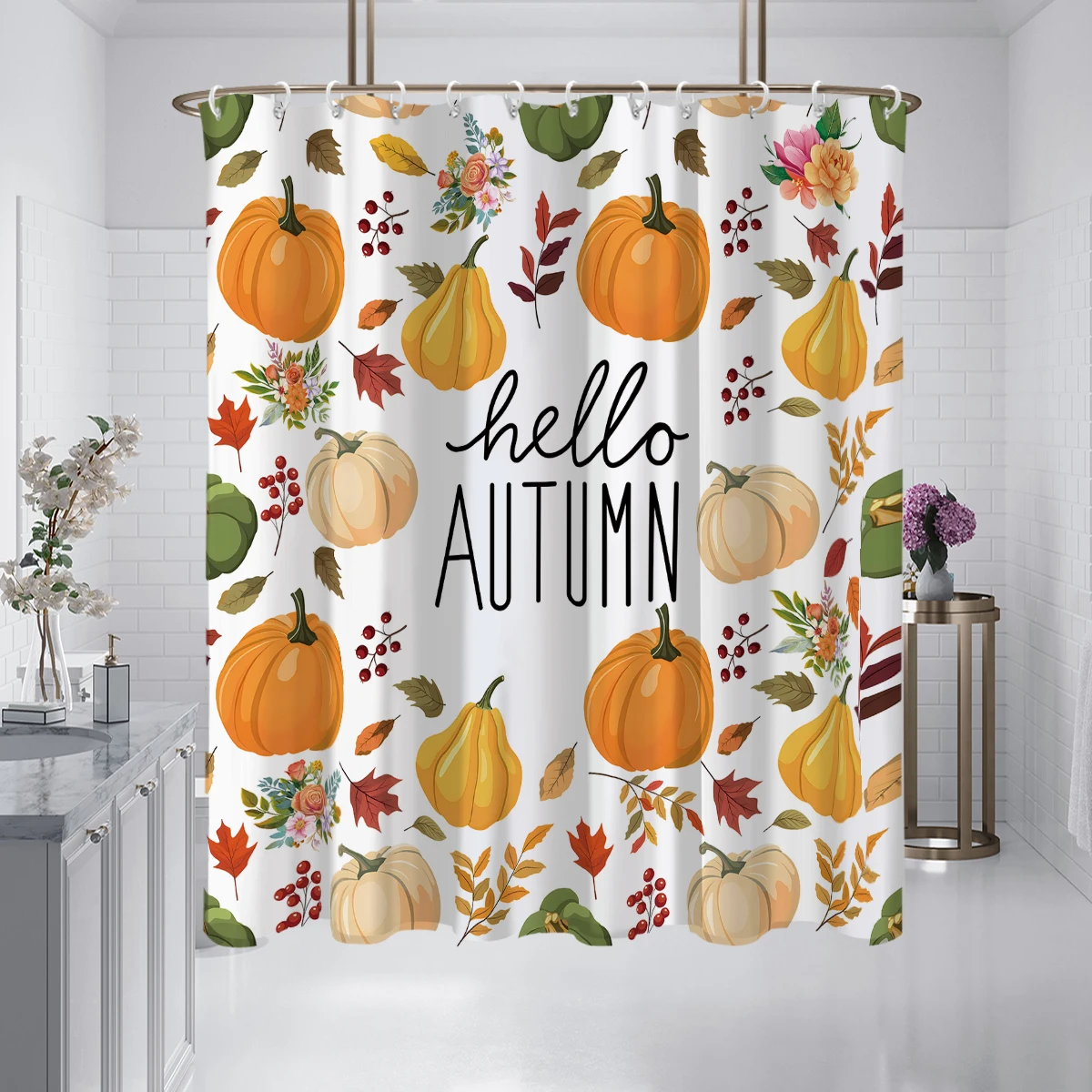 1 piece 180x180cm Hello Autumn Pumpkin Pattern Printed Shower Curtain Partition Bathroom Waterproof and Mold proof