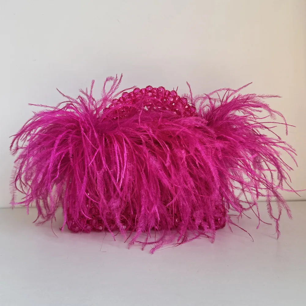 Parel kralen tas met veren bont Designer merk helder acryl kristal stenen doos Tote handtas vrouwen handgemaakte feesttas