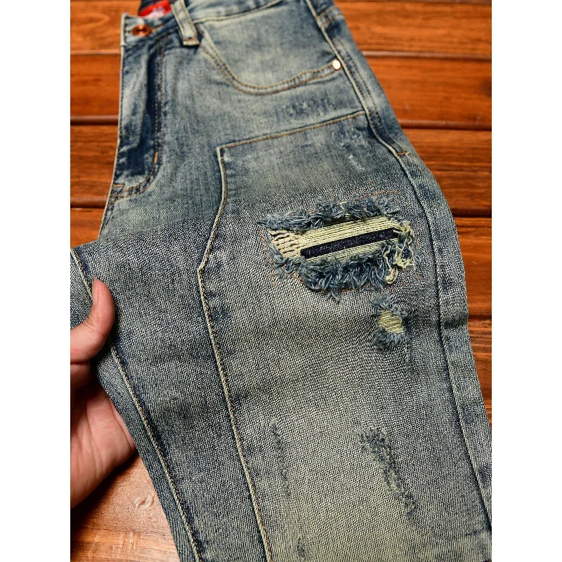

Street Style Handsome Retro Personality Jeans for Men with Patchwork and Ripped Design Slim Fit Trendy American Style Long Pants