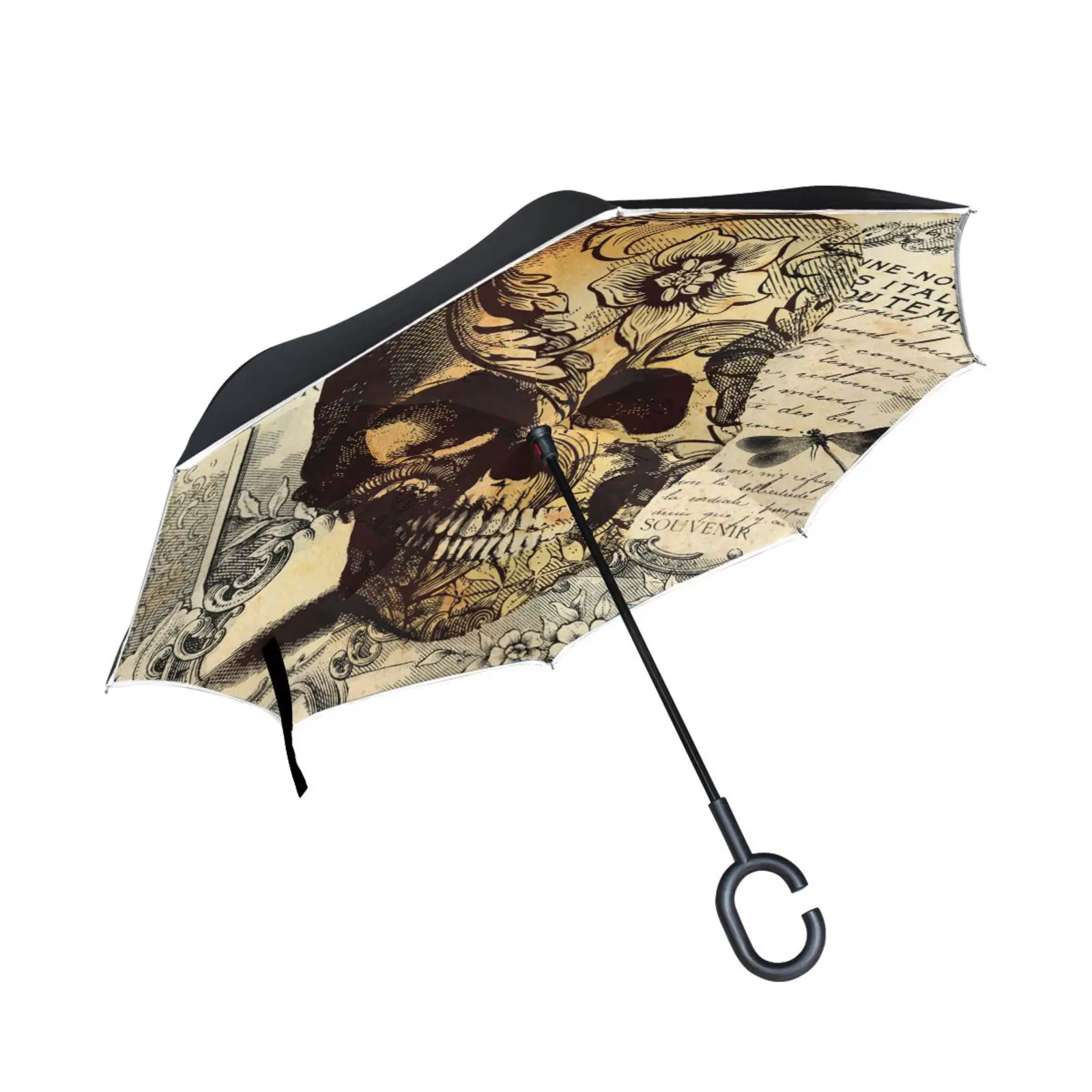 

Vintage Tattoo Skull Windproof Car Reverse Umbrella Male Large Double Layer Outdoor Inverted Self Stand Umbrella With C Handle