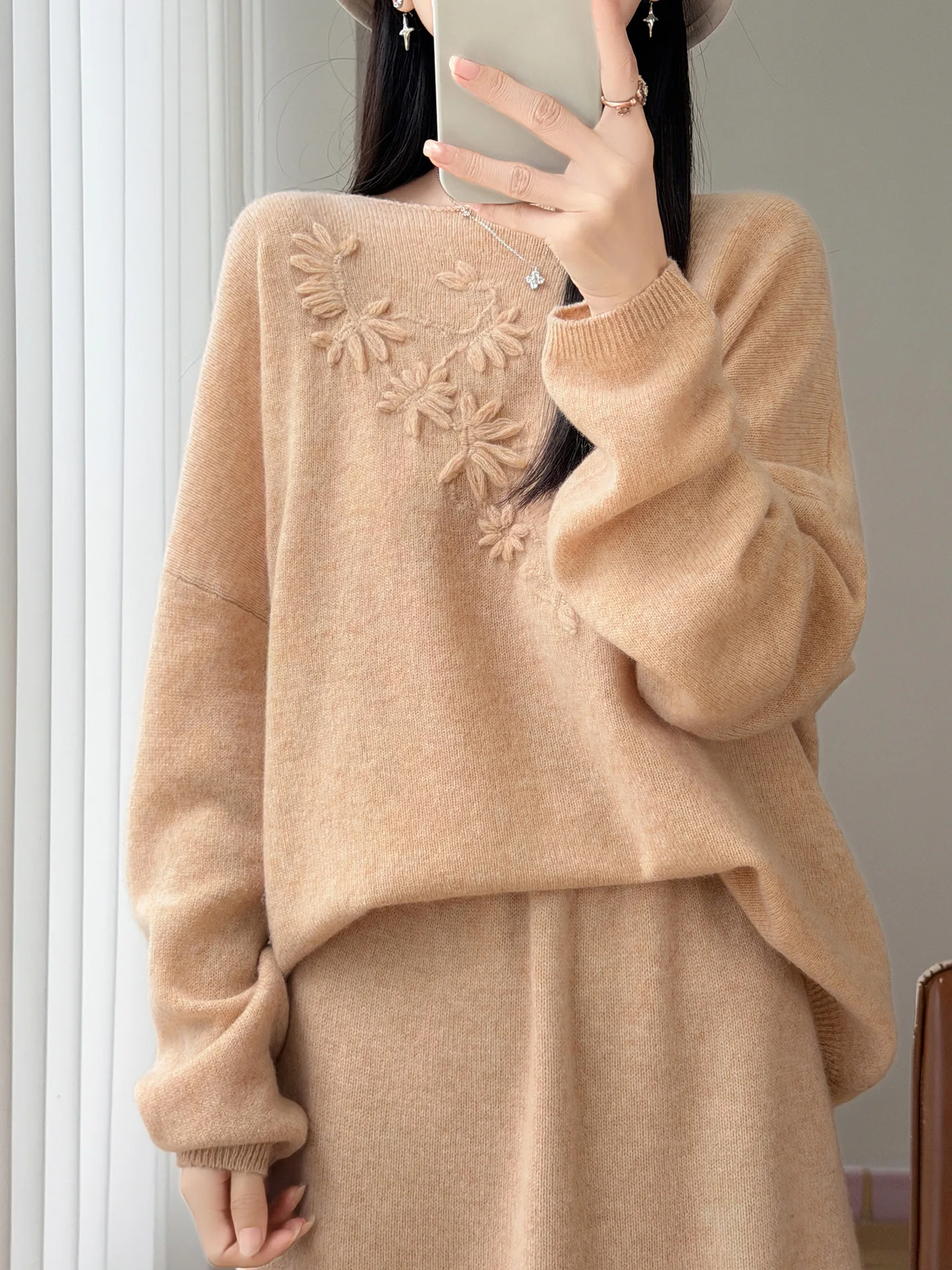 Woman French Romantic 100% Merino Wool Autumn Sweater Mock-Neck Pullover Cashmere Knitwear 3D Floral Embroidery Knit Clothing