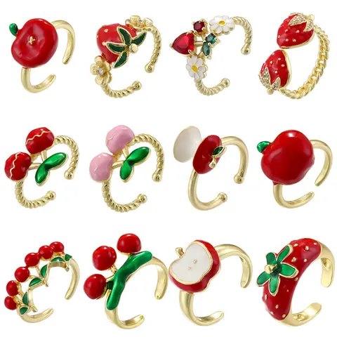 ZHUKOU Anillo de fruta esmaltado en forma de manzana y fresa con apertura ajustable, joyería dulce para mujer, regalo, 1 ud.: VJ832-VJ842