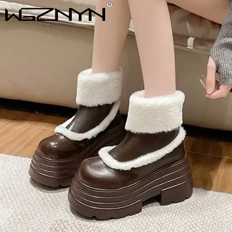Women Fur Snow Boots Suede High Heels Cotton Shoes Short Plush Casual Platform Ankle Boots 2025 Trend Winter Warm Botas De Mujer