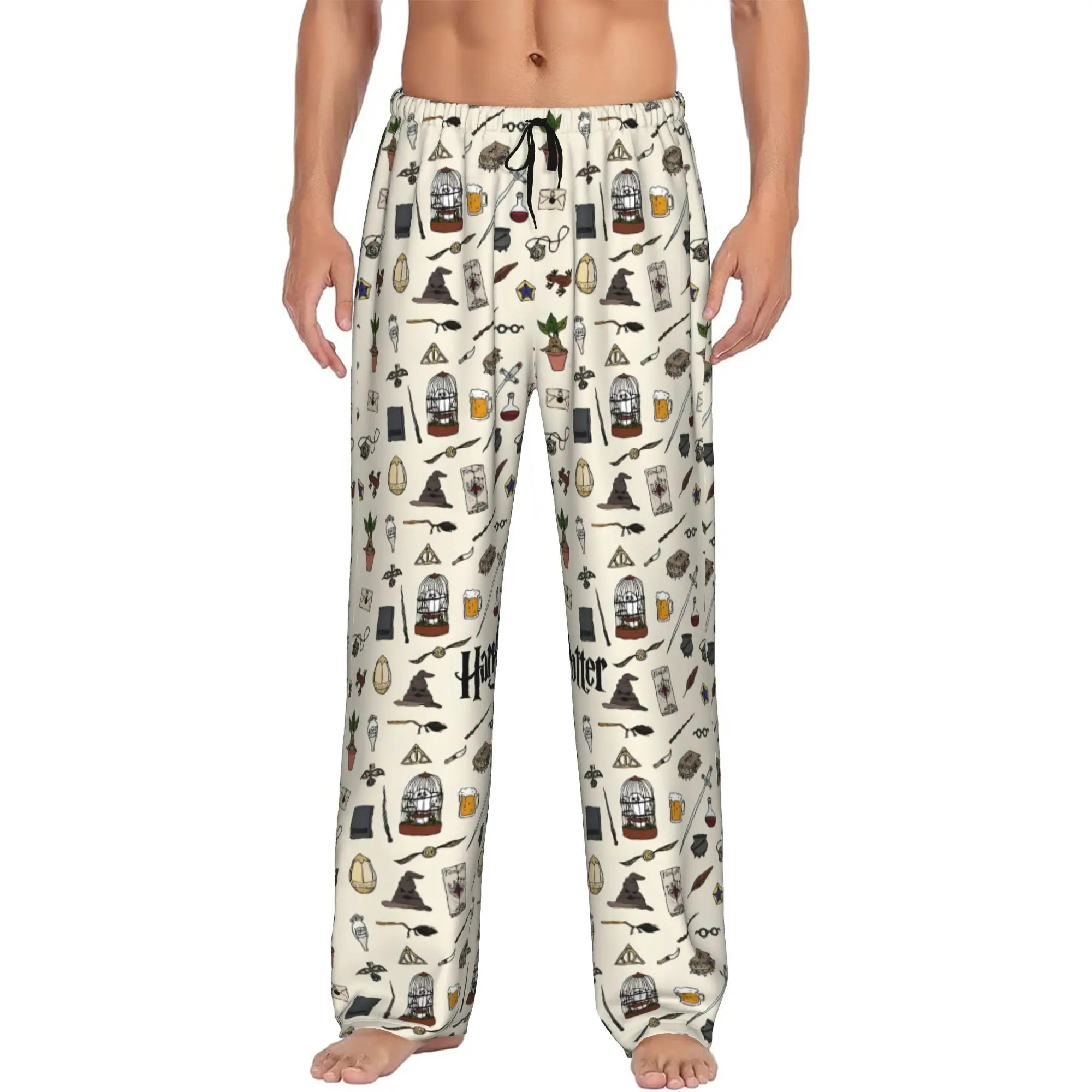 Custom Print Men H-Harryed Halloween Pajama Pants Magic School Sleepwear Sleep Lounge Bottoms with Pockets