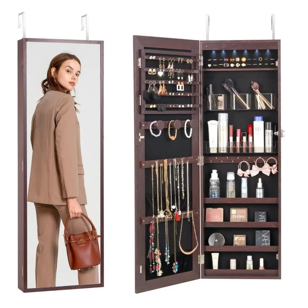 

Mirror Jewelry Cabinet 42.52in Lockable Wall or Door Mounted Armoire Brown