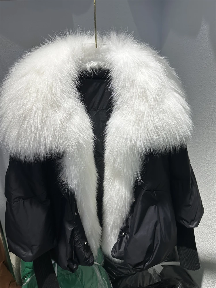 OFTBUY New Duck Down Jacket Winter Coat Women Super Large Real Silver Fox Fur Collar Jacket Knit Sleeve Fashion Luxury Outerwear