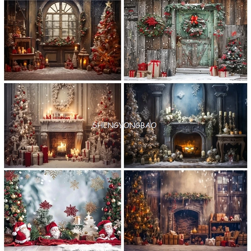 

Christmas Tree With Gift Boxes Photography Backdrops Winter Snow Decorations Wooden Door Fireplace Room Background Props WR-18