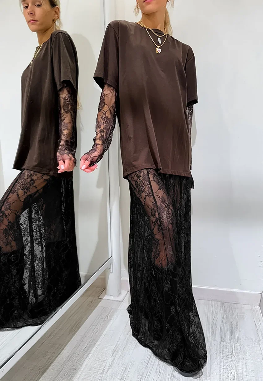 FDEY Women Black Y2k Lace Long Skirt Sexy See-Through High Waist A-Line Maxi Skirt for Beach Vacation Club Streetwear Summer