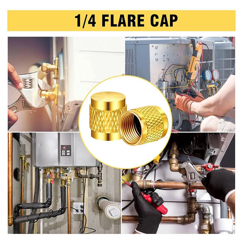 【A87T】100 Pcs 1/4Inch Brass Flare Cap, Solid Brass Caps With Neoprene O Ring Seal, 1/4Inch SAE HVAC Valve Caps