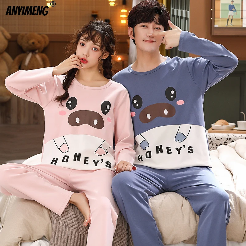 His and Hers Pajamas Fashion Matching Pyjamas Long Sleeved Cartoon Printing Fall Winter Big Size Youth Couple\'s Pijama Sleepwear