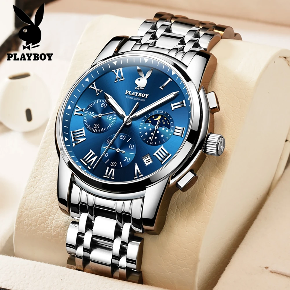 PLAYBOY 3026 Multi functional Watch for Men Waterproof Luminous Fashion Watch Solid Stainless steel Strap Wristwatch