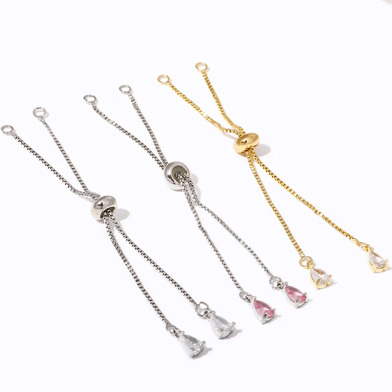 18K Gold Plated Brass Adjustable Slider Extender Chains Accessories With Zircon Beads for DIY Bracelet Jewelry Making Supplies