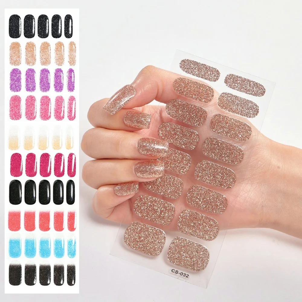 16Tips Champagne Glitter Semi Cured Gel Nail Strips Sparkly Shinning DIY Gel Polish Nails Stickers UV Lamp Cured Manicure Tips&*