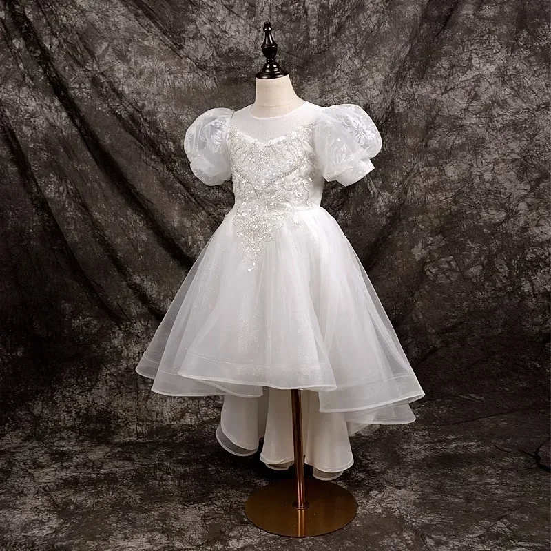 Flower Girl Dress 2024 Spring New Children's White Short Front and Long Back Daily Simple and Sweet Piano Performance Dress