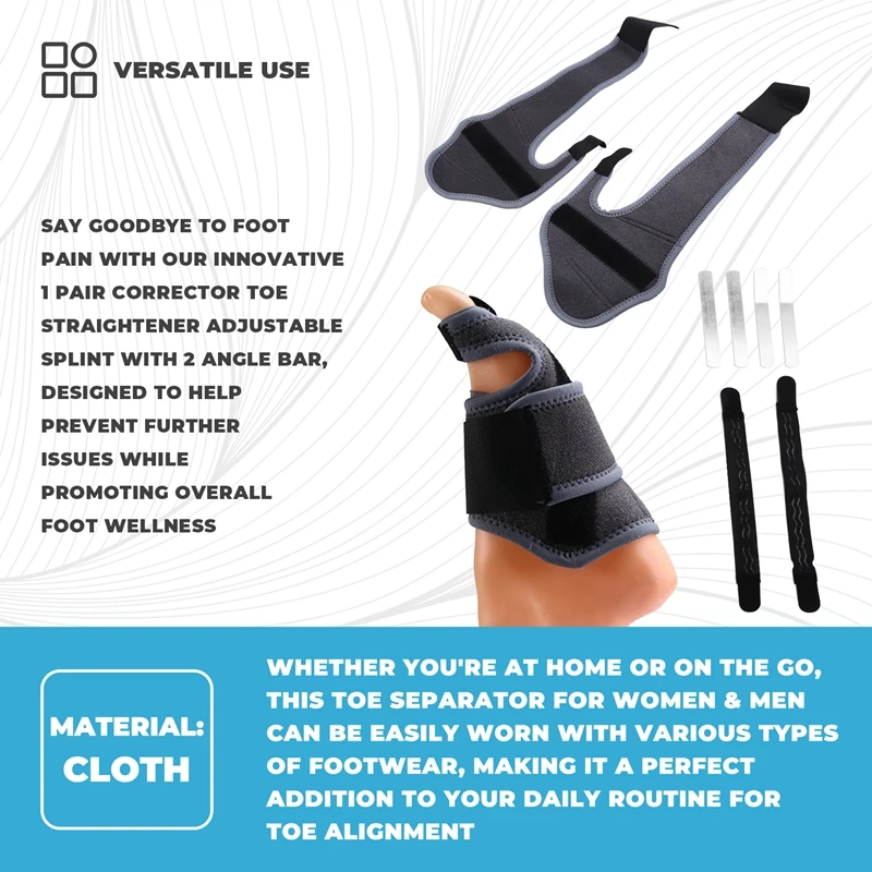 1 Pair Corrector Toe Straightener Adjustable Splint With 2 Angle Bar Toe Separator For Women & Men
