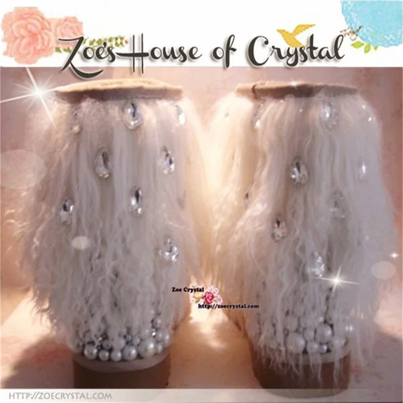 

Large size handmade custom pearl inlaid diamond plush mid-calf snow boots with wool padded cotton shoes