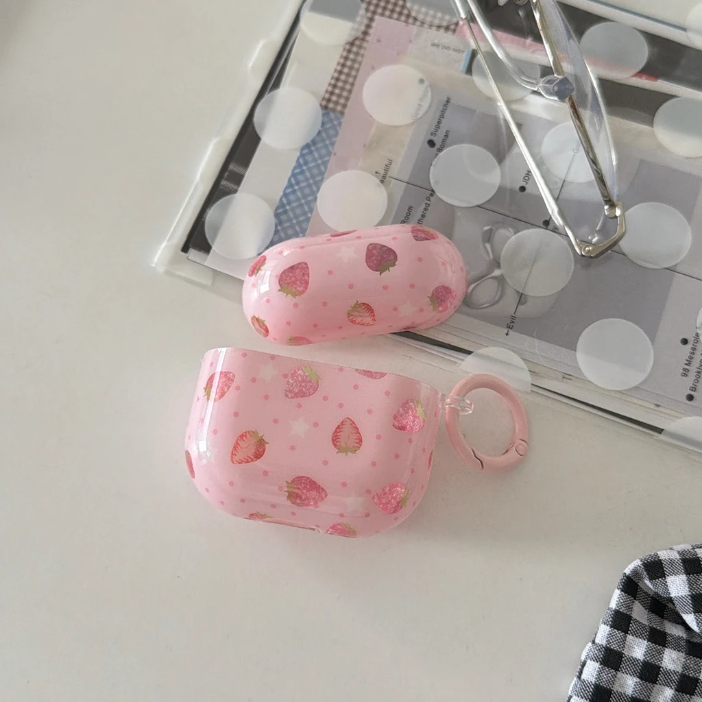 Spring Sweet Pink Strawberry Polka Dot Glossy With Hook Shock Proof Earphone Cover Case for AirPods 1 or 2 3 4 5 Pro 2 Pro 3