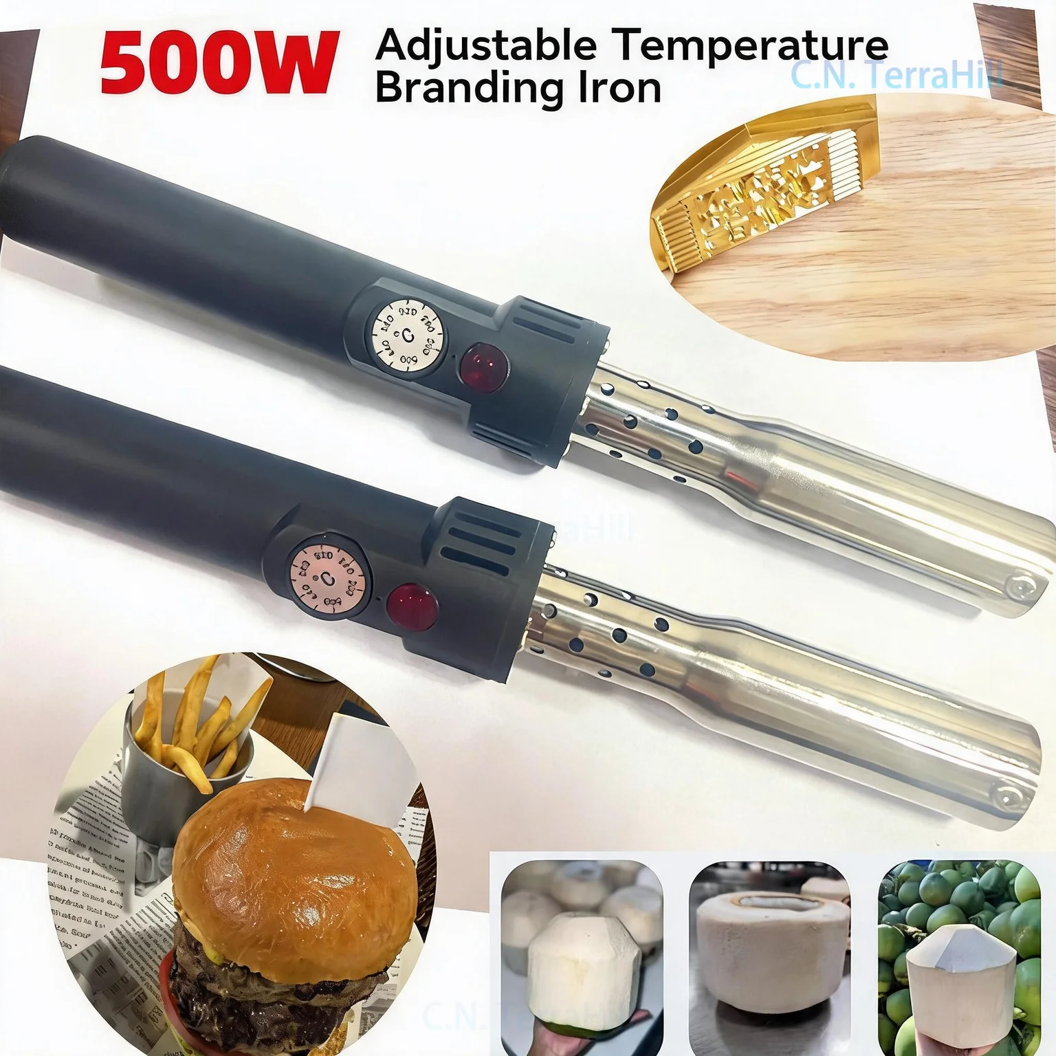 Handheld 500W Adjustable Temperature Wood Burning Kit for Hamburger Coconut Timber Branding Embosser
