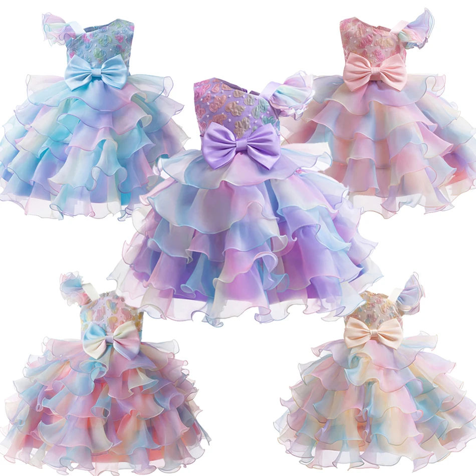 Wedding Flower Girl Dress Rainbow Bow Girl Ceremonial Dress Children Luxury Party Theme Lace Costume Kid Birthday Party Outfits