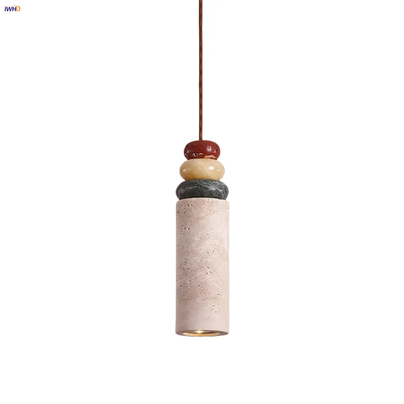 

IWHD Colorful Stone LED Pendant Light Fixture Bedroom Aisle Foyer Nordic Modern Yellow Travertine Wood Canopy Hang Lamp Lighting