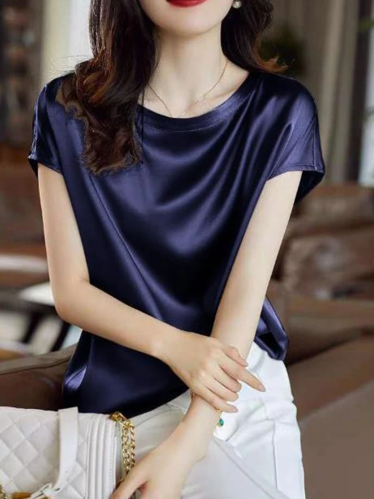 Summer Women High Quality Short Sleeve Silk Satin Blouse Elegant Office Lady Tops Shirts Casual Solid Color Work Female Tunic