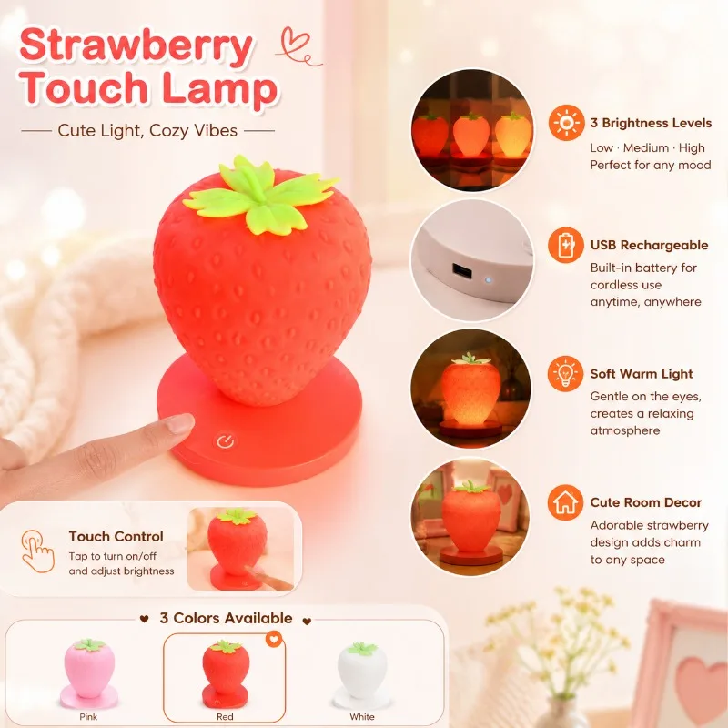Rechargeable Strawberry Night Light USB Touch Dimmable Silicone LED Bedside Lamp for Kids Bedroom Gift Strawberry Night Light