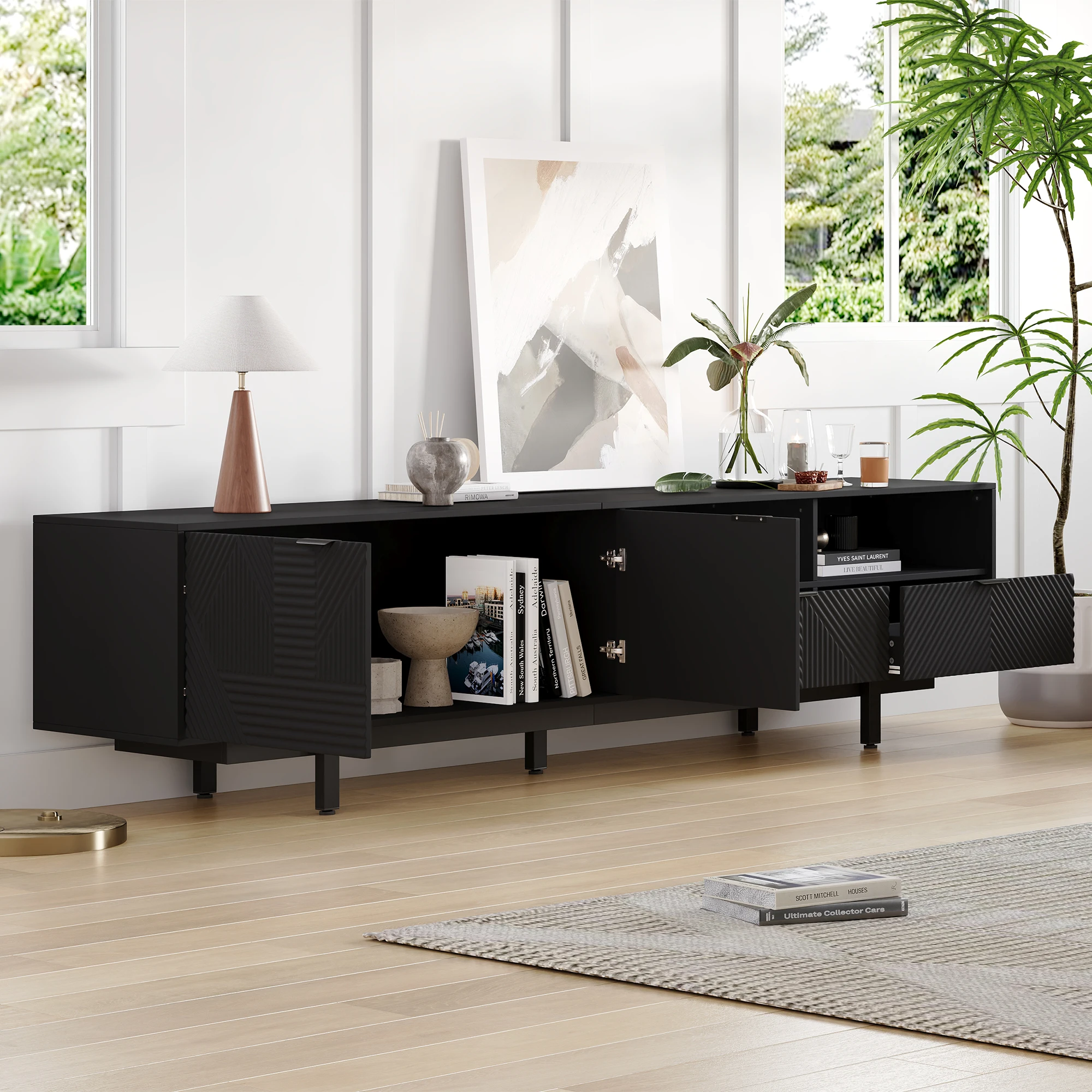 Meuble TV bohème moderne, meuble noir à lignes géométriques abstraites avec rangement, centre de divertissement minimaliste de style mid-century pour salon, compatible avec les téléviseurs jusqu'à 90 pouces