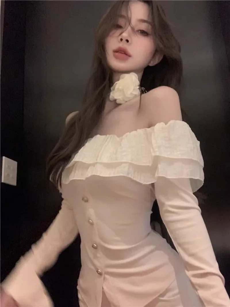 Women Clothing Sweet Slim Sleeves Top Fit Flare Off Shoulder Lotus Leaf Knit T-shirt Black Crop Ropa De Mujer Graphic