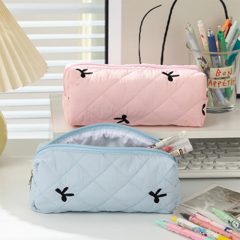 Simple Bowknot Large Capacity Pencil Bag Ins Style Fresh Quilting Stationary Storage Bags For Girls Makeup Pouch Pencil Case