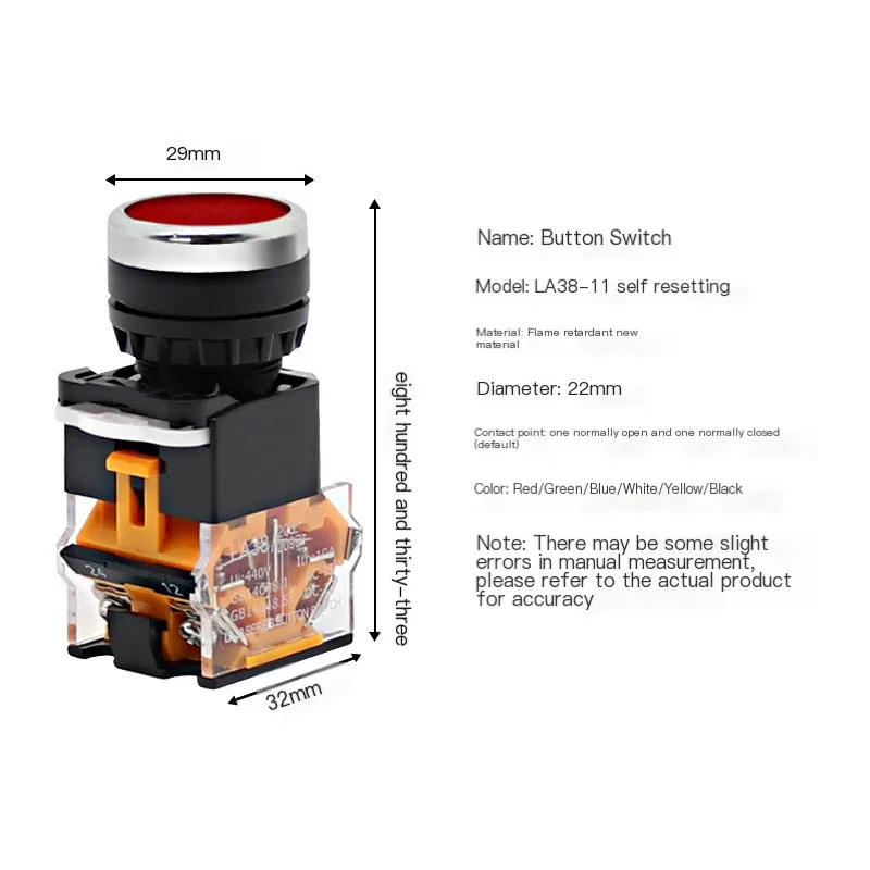 Push Button Switch Push-Type Self-Resetting La38-11Bn Power Supply Flat Head Start Stop Round Inching Start Stop Self-Resetting Inching Push-Type Opening 22mm Red Machine Start Switch Button Machine Tool Button Switch Power Switch