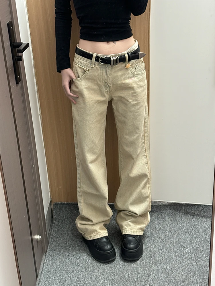 

Ретро-джинсы американского стиля цвета хаки с эффектом потертости, с высокой талией, прямые, стройнящие, в пол, для женщин, в пикантном стиле, на каждый день, на все сезоны