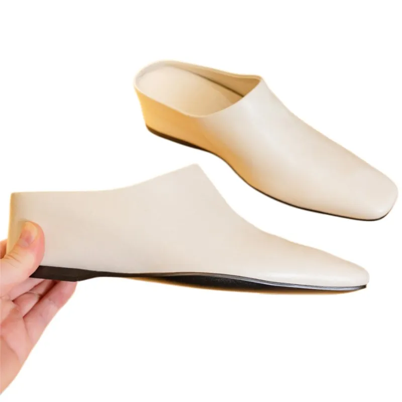

Women Mules Flat Shoes Genuine Sheepskin Leather Square Toe Slip On Slippers Office Casual Ladies Slides Minimalist Fashion