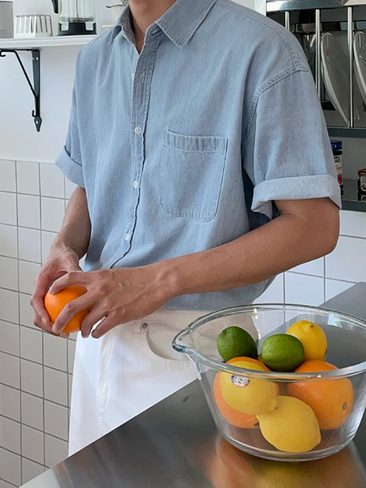 

MRCYC Loose Fit Vintage Waed Denim ort Sve irt Men's Summer Korean Sle Versatile f Sve Collared irt Jaet