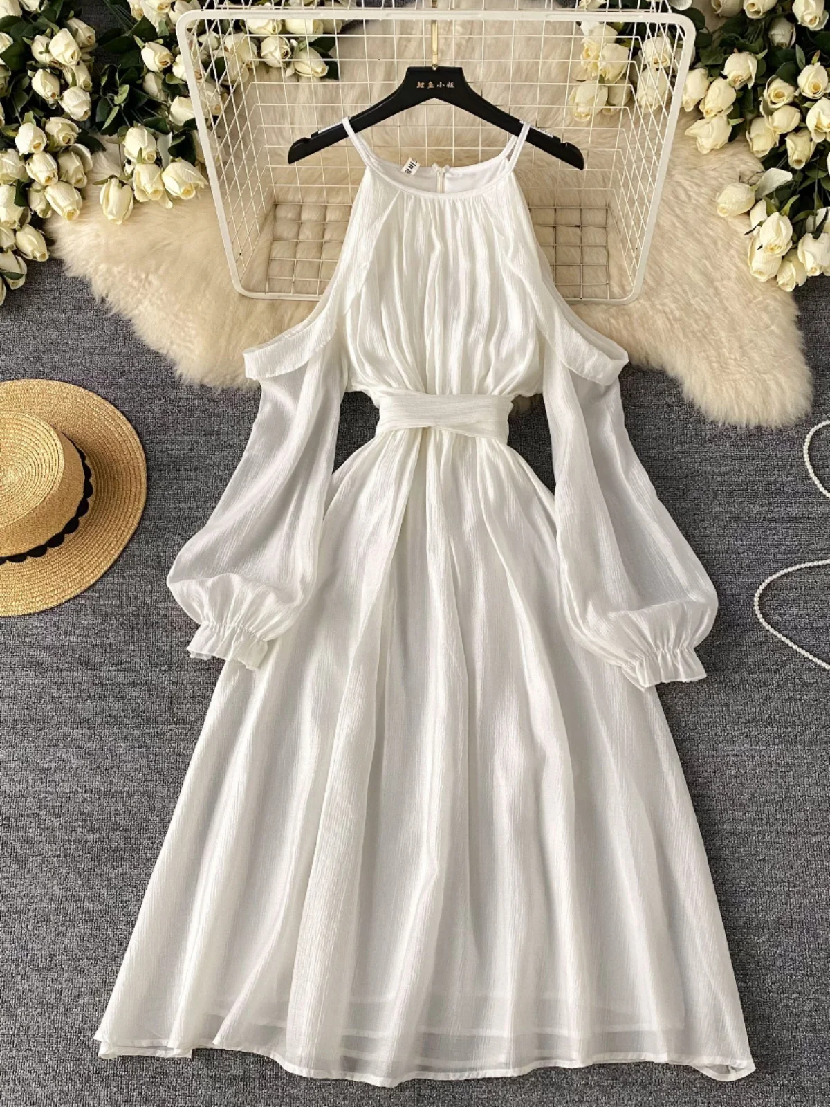 

SsTss Women White Summer Dress Sexy Spaghetti Strap Cold Shoulder Long Sleeve Sash Lace Up Slim A Line Midi Beach Chiffon Dress