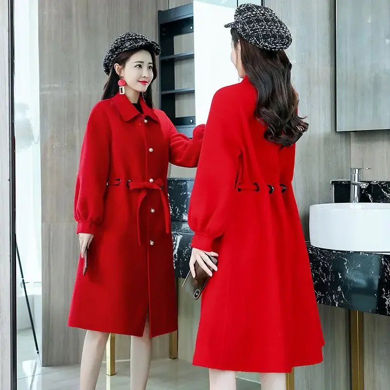 Woolen coat women medium and long small large size loose pregnant women bride return door wedding toast red coat winter