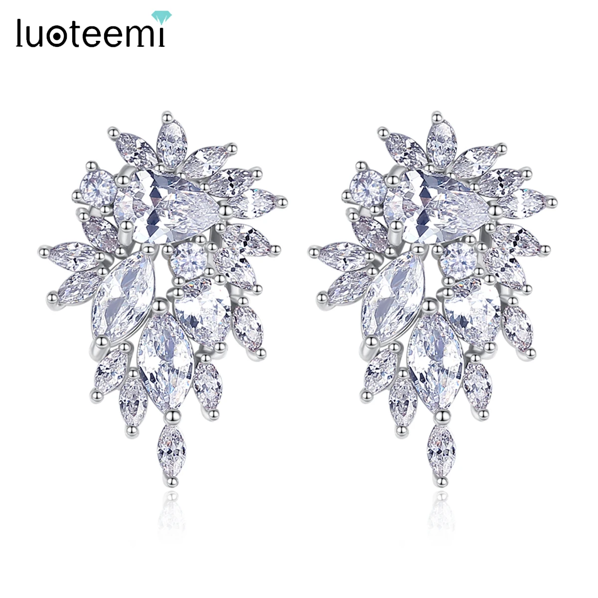 LUOTEEMI Cubic Zirconia Flower Stud Earrings Trendy Water Drop CZ Women Bridal Wedding Ear Studs 2022 Korean Style For Girl Gift