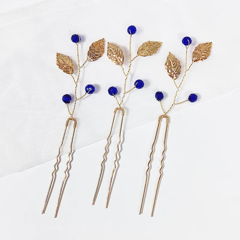 3PCS Blue Color Crystal Leaf Bridal Hair Pins for Women Handmade Wedding Hair Accessories Jewelry Gold Bride Tiaras Ornament