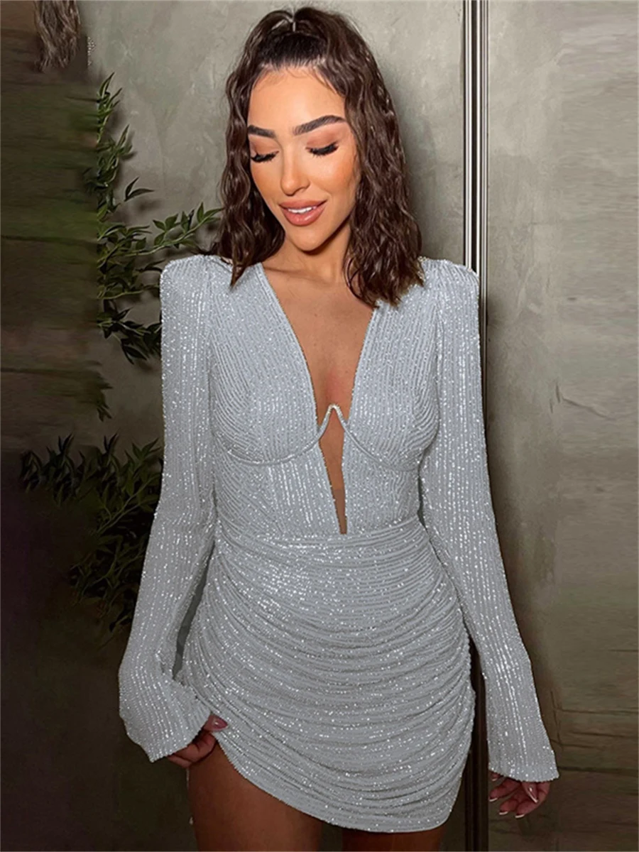 wsevypo Sexy Shiny Deep V Neck Mini Dress Women Autumn Long Sleeve High Waist Ruched Draped Club Party Dresses Evening Vestidos