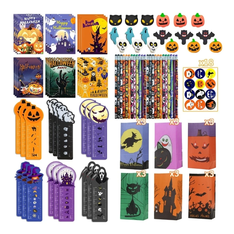 Halloween Toy Stationery Set for Kid, Halloween Pencils, Erasers, Rulers, Slap Bracelets, Stamps, Candy Bags, Paper Clip