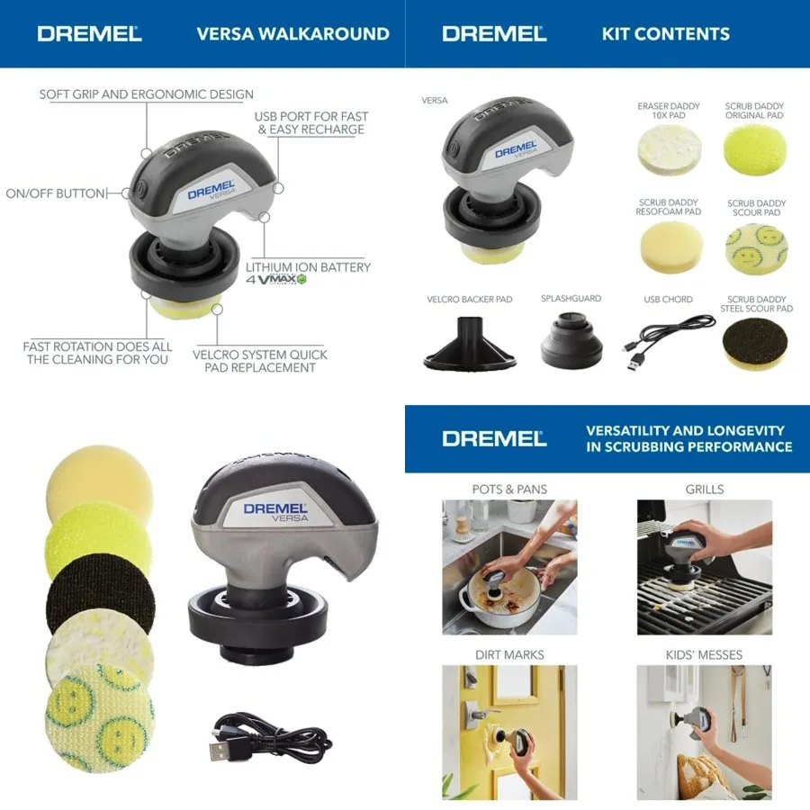 

Power ber with 5 Cleaning Sponge - Waterproof Cordless Electric Spin ber, High Speed, Multi-Surface Cleaning for Kitchen, House