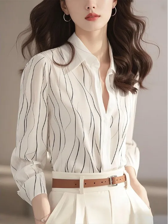 

Белая женская блузка с цветочным принтом и длинным рукавом, весенне-осенняя, базовая, с воротником, модная и стильная