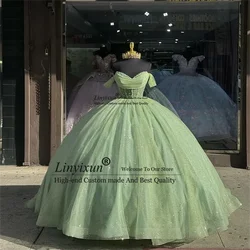 Słodka szałwia zielona luksusowa suknia Quinceanera z odkrytymi ramionami zielona kula suknia sukienka na studniówkę Vestidos De 15 Anos Quinceaneras