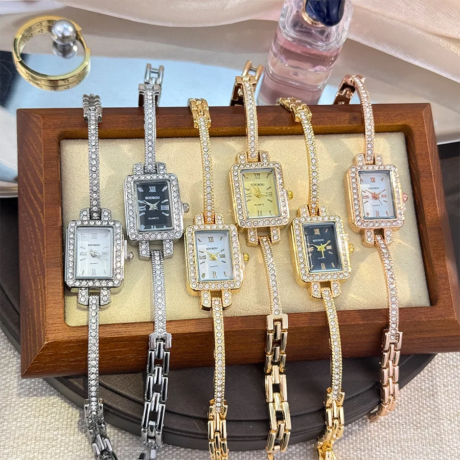 Luxury Square Full Diamon Digital Bracelet Watches for Women Exquisite Gold Bracelet Ladies Dress Clock Gifts Relogio Feminino