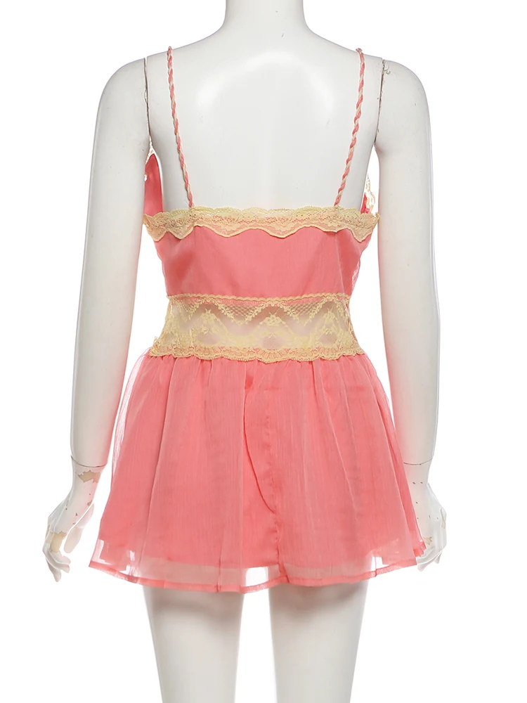 Weird Puss Spitzen-Patchwork-Camisole für Damen, V-Ausschnitt, Falten, süßer Stil, schick, Freizeit, Sommermode, Musikfestival, klassische Streetwear – Detail 5