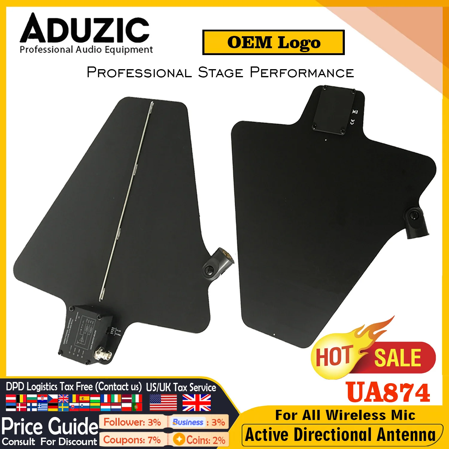 

Aduzic UA874 Active Directional Antenna 4 Level Gain Adjustable Antena For All Wireless Microphones 450-960MHz Signal Amplifier