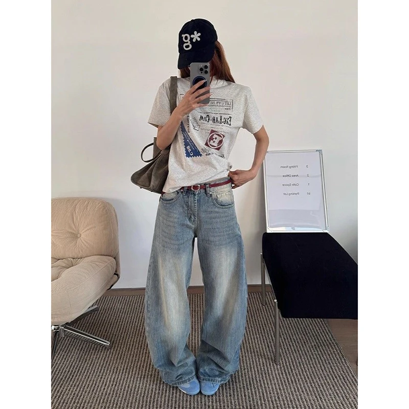 ZHIZOU, pantalones vaqueros informales azules para mujer, pantalones vaqueros holgados estéticos Vintage de cintura alta, pantalones vaqueros Harajuku Y2k Trashy 2000s
