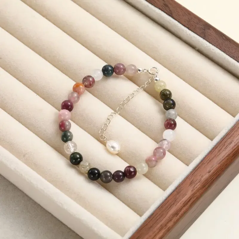 YWYC 925 Sterling Silver Bracelets for Women 5-6mm Multi Color Tourmaline Gemstones Bracelet with Pearl Pendant Jewelry Gift