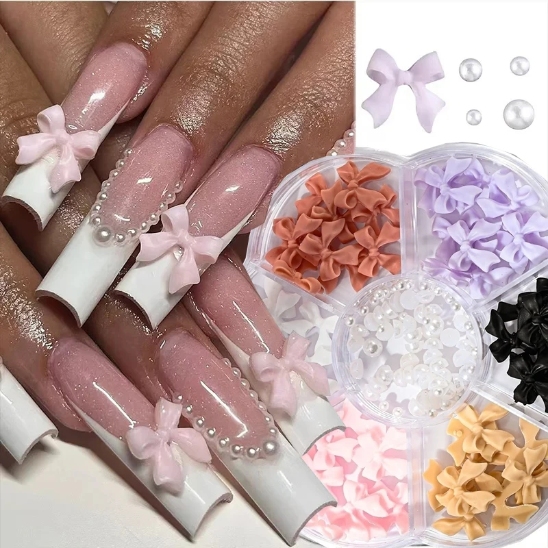 New Style Pink Resin Ballet Ribbon Bow Flat bottom Pearl Nail Charm 3D Nail Decor For DIY Korean Manicure Design Valentine's Day