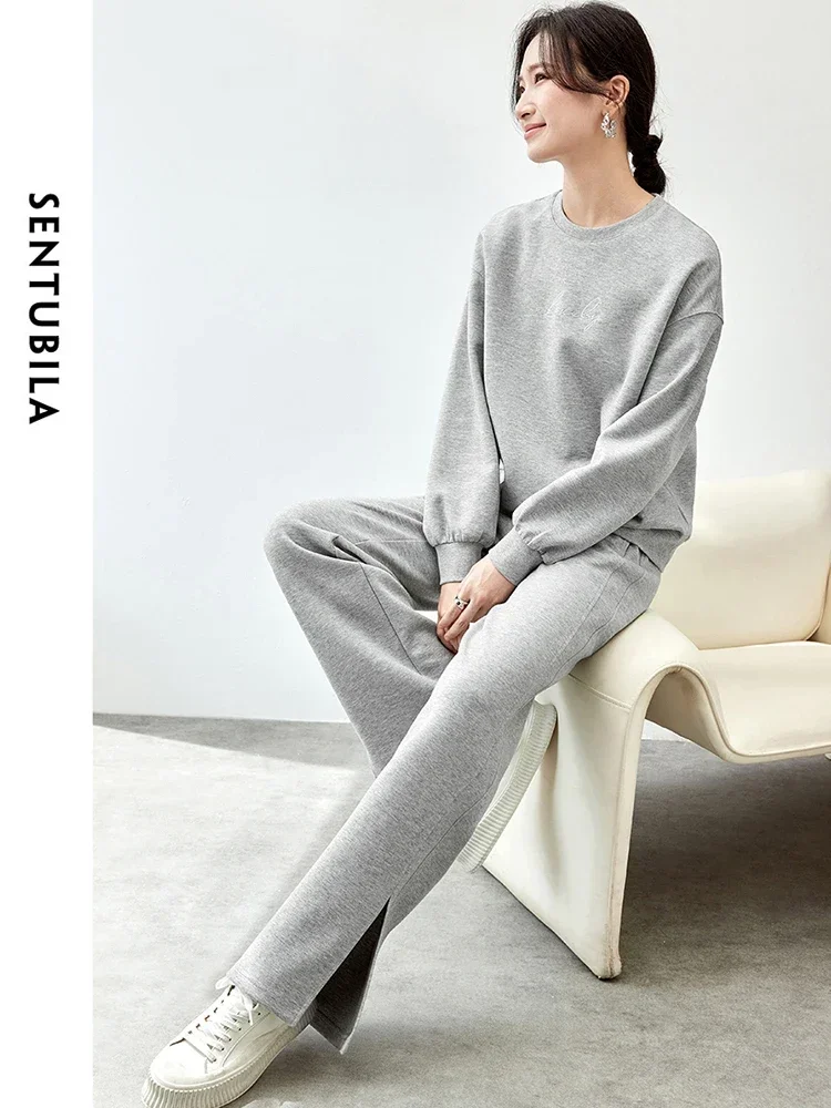 SENTUBILA Women Cotton 2 Piece Set  2024 Autumn Letter Embroidery Sweatshirt Straight Slit-hem Pants  Pant Set 143Z56186