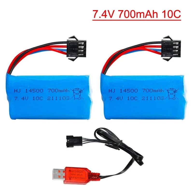 7.4V 700mAh Li-ion Battery SM-4P Plug Rechargeable Battery Pack for MN45 WPL D12 RC Car Boat Truck Gun Speedboat w/ USB Charger